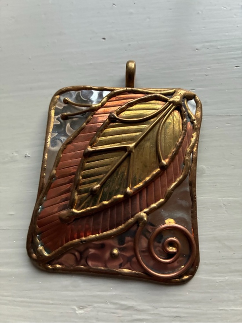 Large Leaf metal pendant Copper, gold, silver tone 3x2.5”